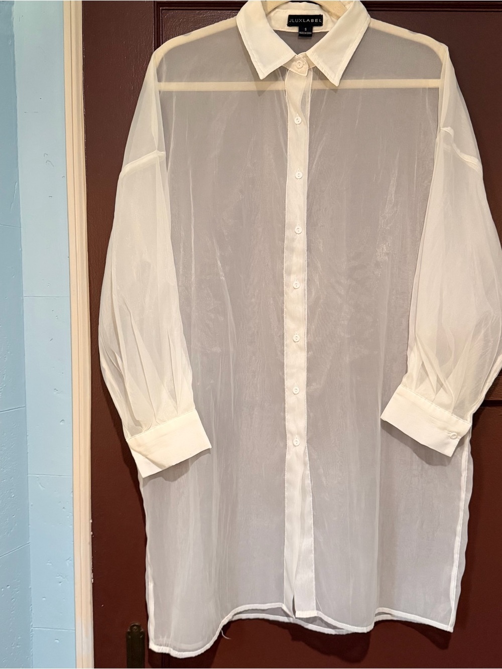 JLUXLABEL Sheer White Longline Button-Down Shirt Dress